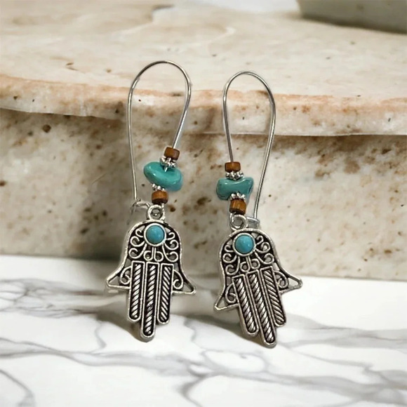 Bohemian Hand Silver Turquoise Dangle Earrings - Picture 4 of 4